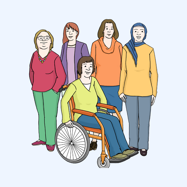 Fünf unterschiedliche Frauen. Vier Frauen stehen, eine sitzt im Rollstuhl